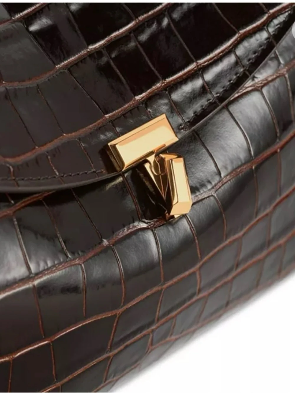Toteme T-Lock Croc Embossed Leather Clutch in Dark Brown